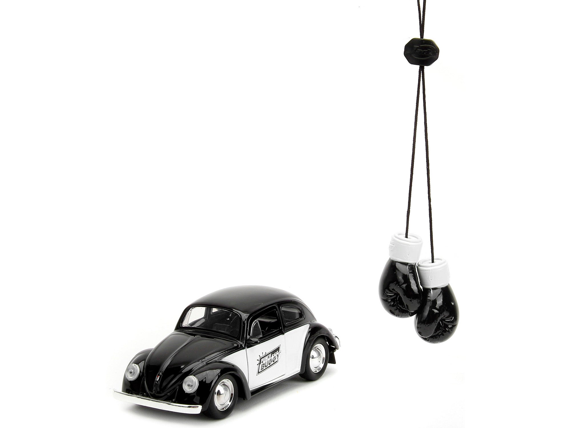 1959 Volkswagen Beetle "Punch Buggy" Black and White and Boxing Gloves Accessory "Punch Buggy" Series 1/32 Diecast Model Car by Jada - Minihomy