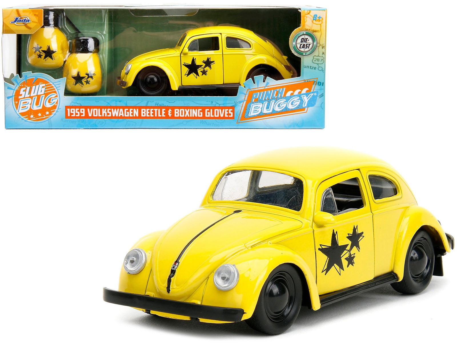 1959 Volkswagen Beetle Yellow with Black Graphics and Boxing Gloves Accessory "Punch Buggy" Series 1/32 Diecast Model Car by Jada - Minihomy