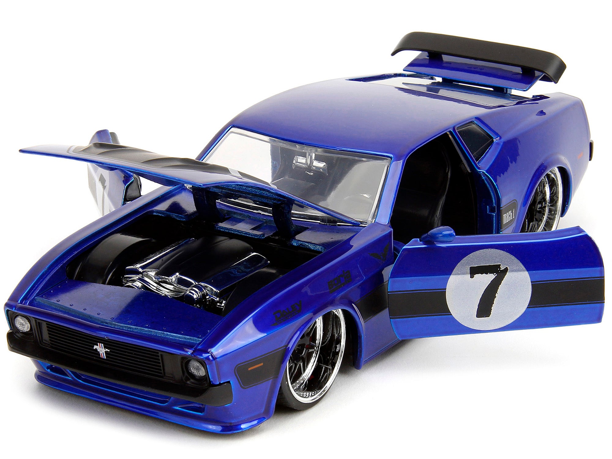 1973 Ford Mustang Mach 1 #7 Candy Blue Metallic with Black Stripes and Hood "Bigtime Muscle" Series 1/24 Diecast Model Car by Jada - Minihomy