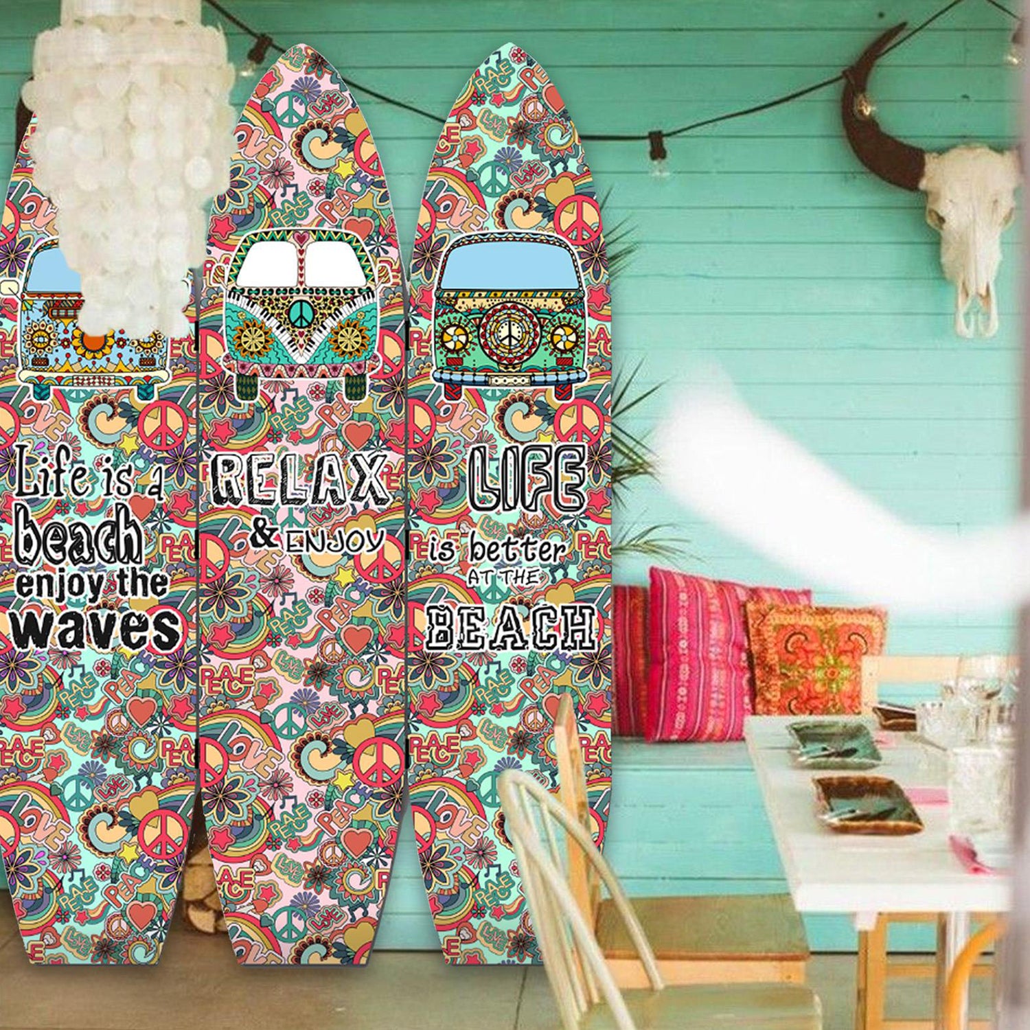 47 X 1 X 71 Multicolor Vintage Wood Surfboard  Screen - Minihomy