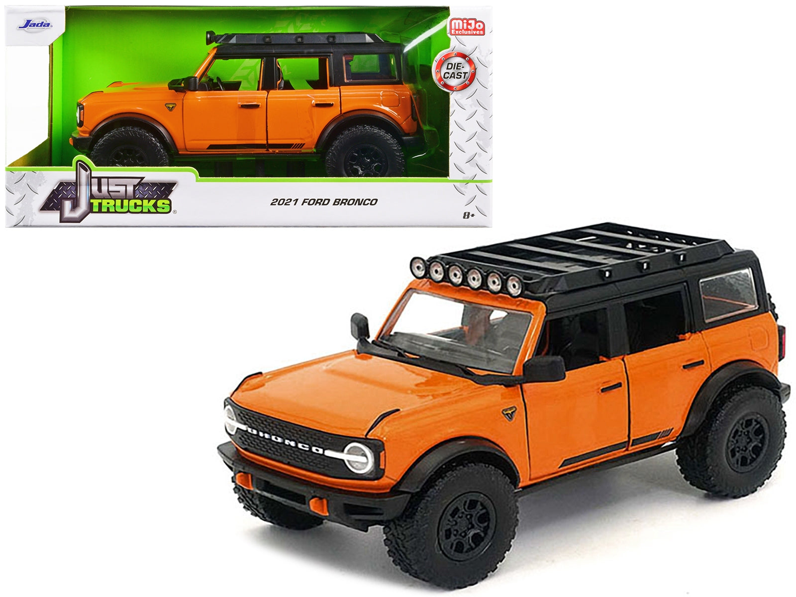 2021 Ford Bronco Orange with Black Stripes and Roof Rack "Just Trucks" Series 1/24 Diecast Model Car by Jada - Minihomy