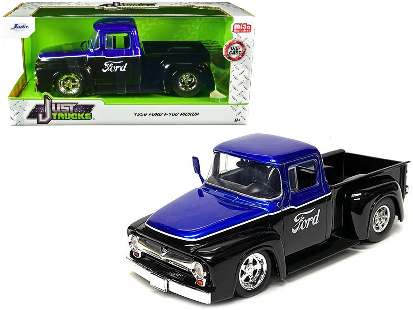 1956 Ford F-100 Pickup Truck Black and Blue Metallic with Ford Graphics "Just Trucks" Series 1/24 Diecast Model Car by Jada - Minihomy