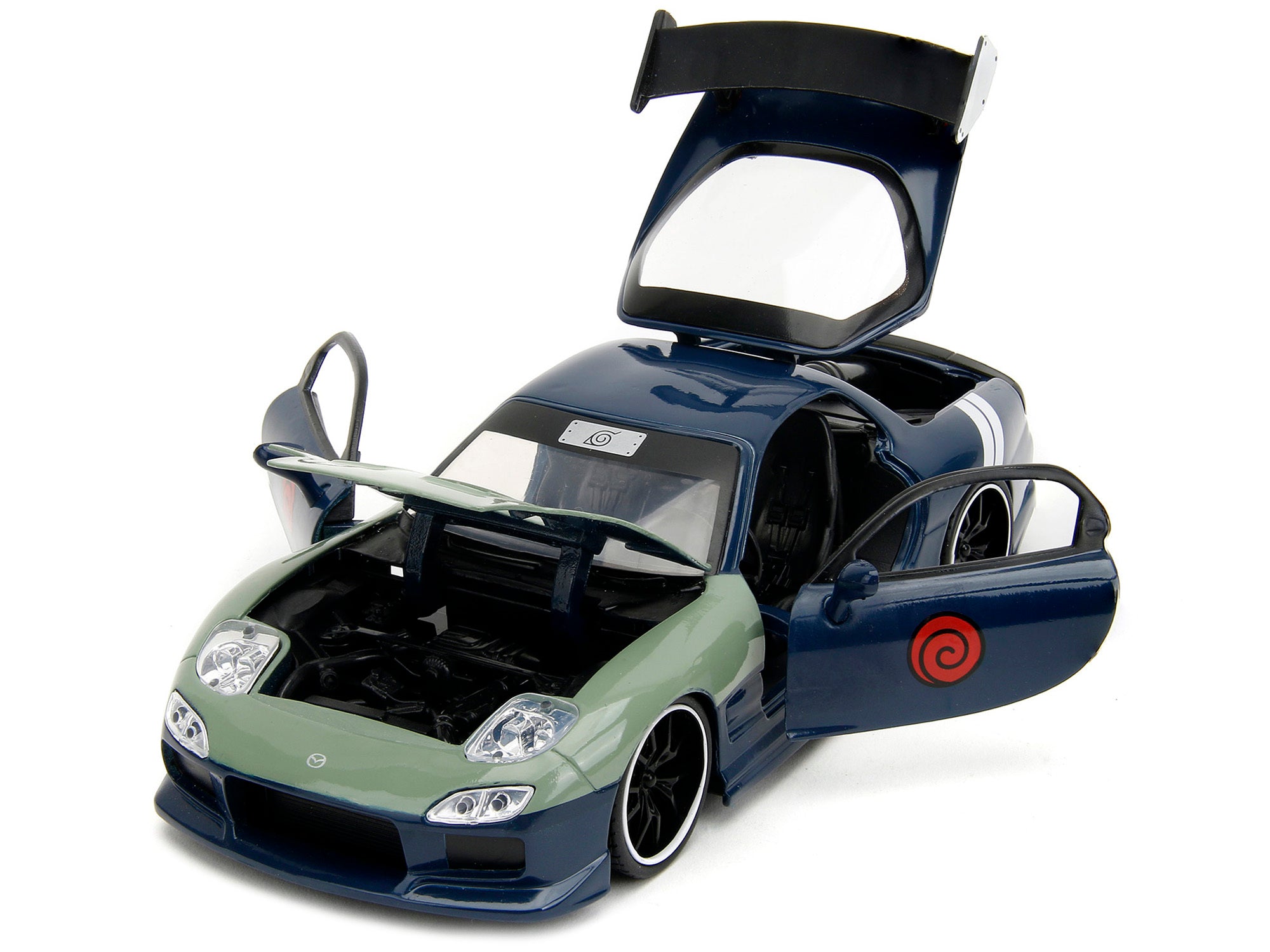 Jada 1/24 Diecast: 1993 Mazda RX-7 Dark Blue, Green Hood, Kakashi Hatake Figure - "Naruto Shippuden" Anime Hollywood Rides Series - Minihomy