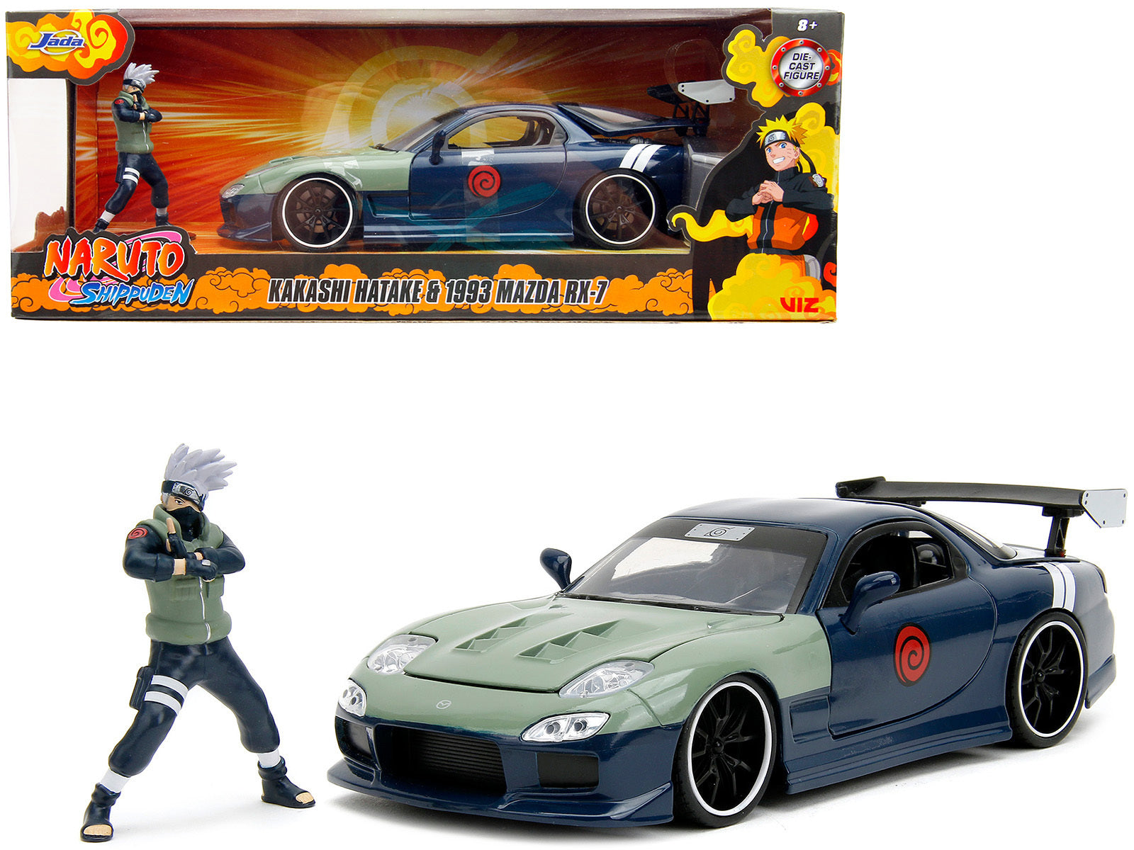 Jada 1/24 Diecast: 1993 Mazda RX-7 Dark Blue, Green Hood, Kakashi Hatake Figure - "Naruto Shippuden" Anime Hollywood Rides Series - Minihomy