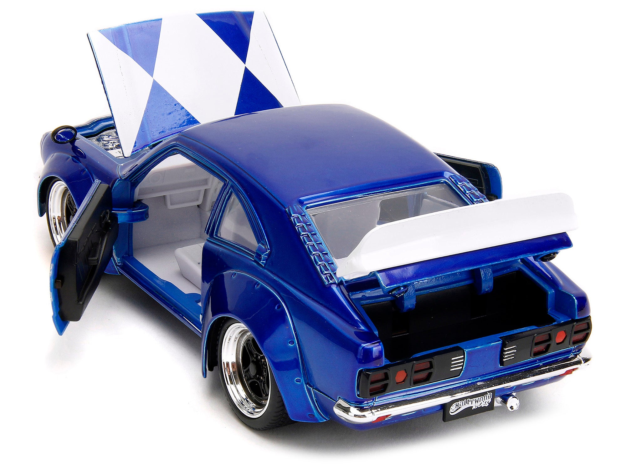 1974 Mazda RX-3 Candy Blue with White Interior and Graphics and Blue Ranger Diecast Figure "Power Rangers" - Minihomy