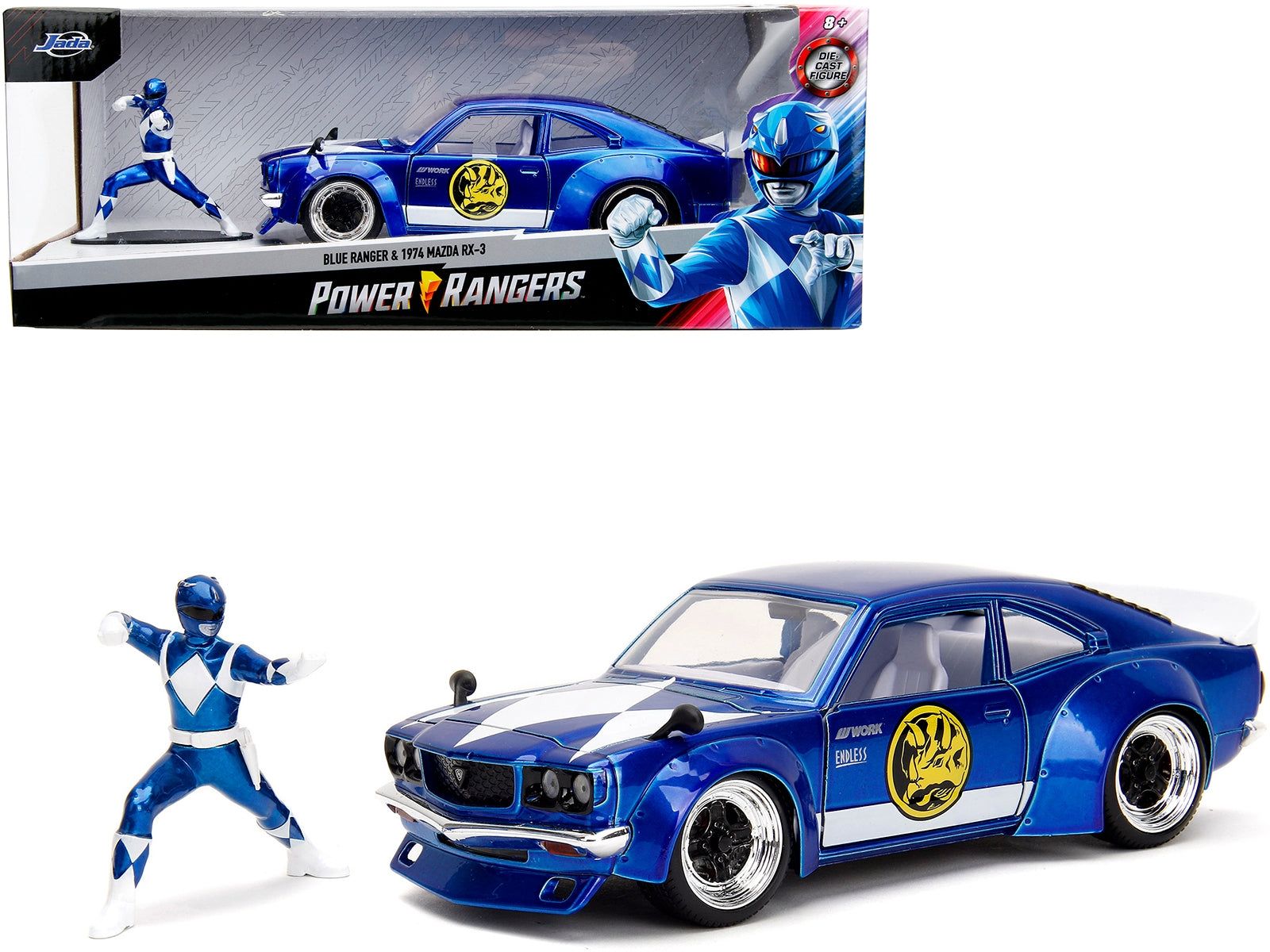 1974 Mazda RX-3 Candy Blue with White Interior and Graphics and Blue Ranger Diecast Figure "Power Rangers" - Minihomy