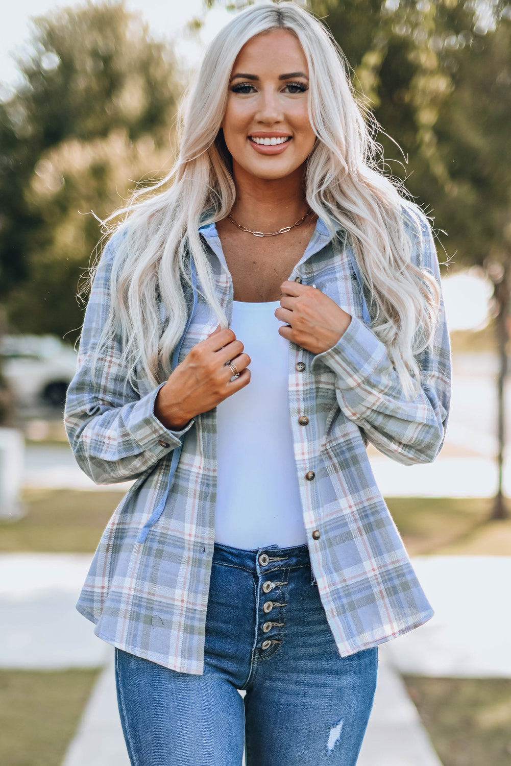 Plaid Drawstring Hooded Jacket with Pocket