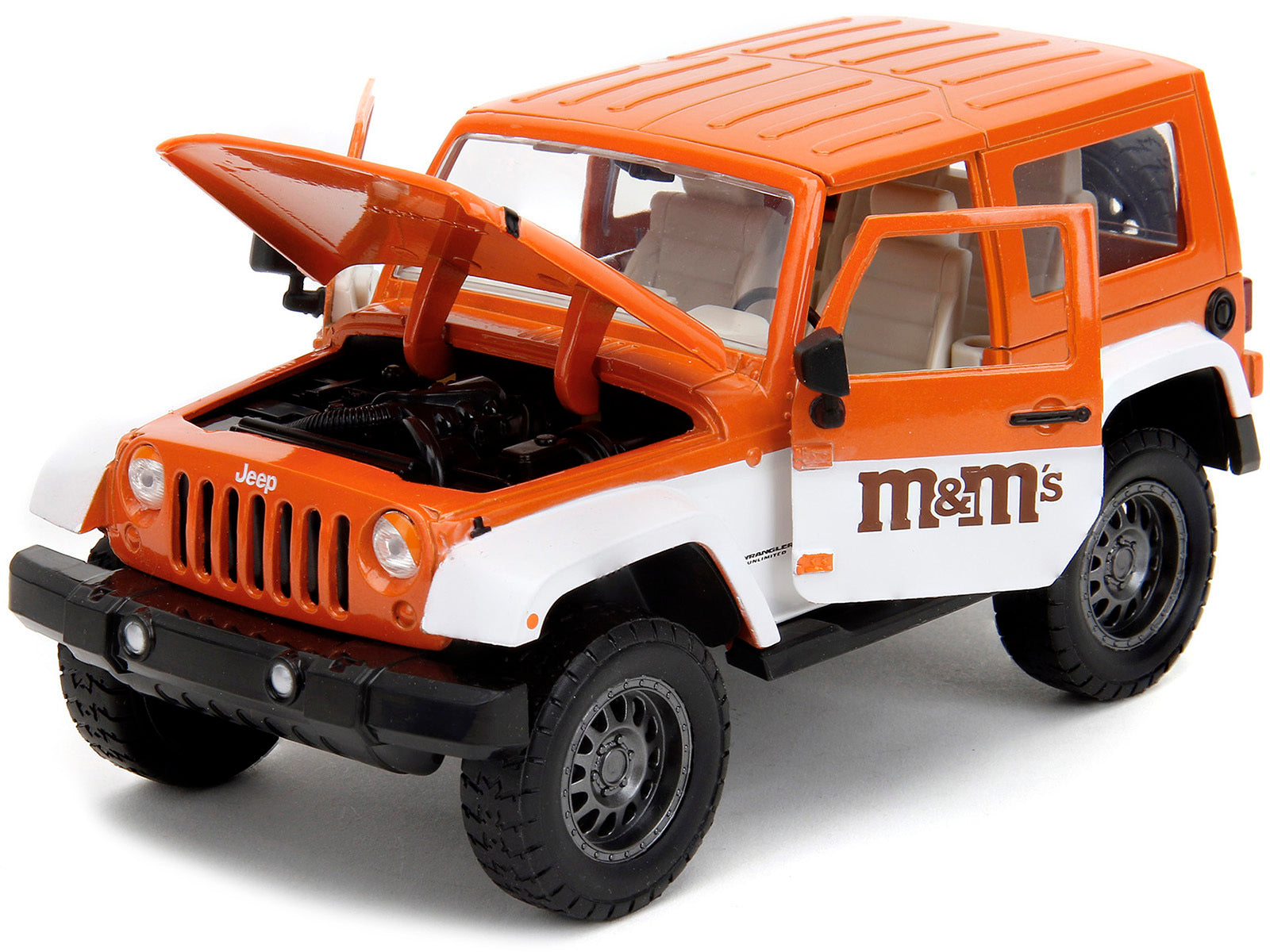 2017 Jeep Wrangler Orange Metallic and White and Orange M&M Diecast Figure "M&M's" "Hollywood Rides" Series 1/24 Diecast Model Car by Jada - Minihomy