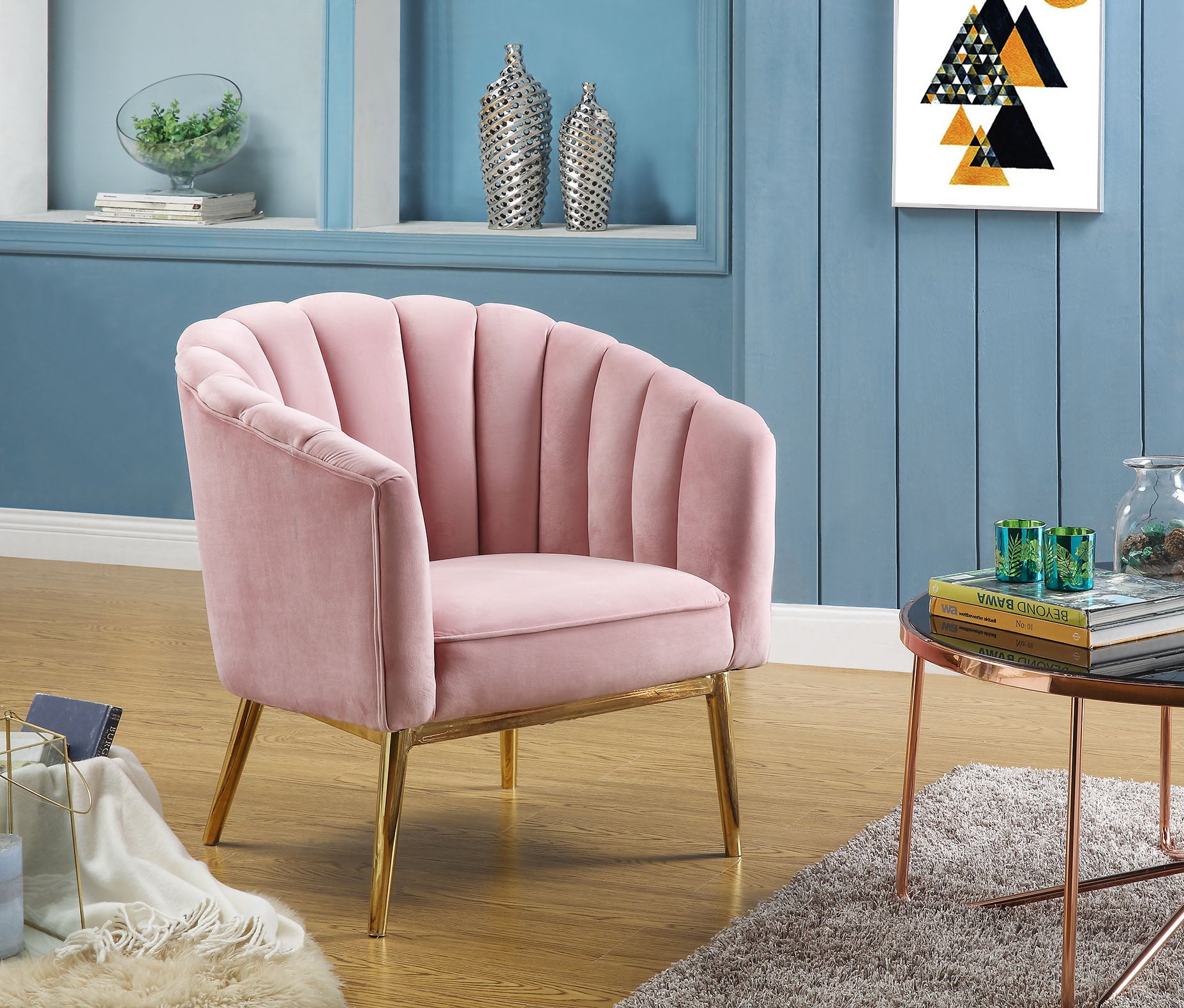 31" X 32" X 34" Pink Velvet Gold Upholstery Wood Accent Chair - Minihomy