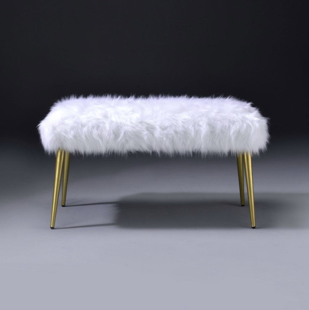 18" X 38" X 20" White Faux Fur Gold Metal Upholstered (Seat) Bench - Minihomy