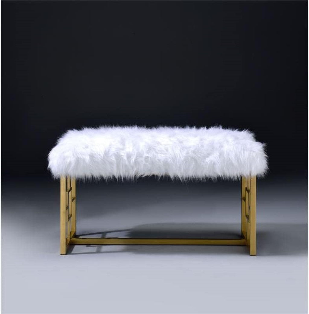 18" X 38" X 20" White Faux Fur Gold Metal Upholstered (Seat) Bench - Minihomy