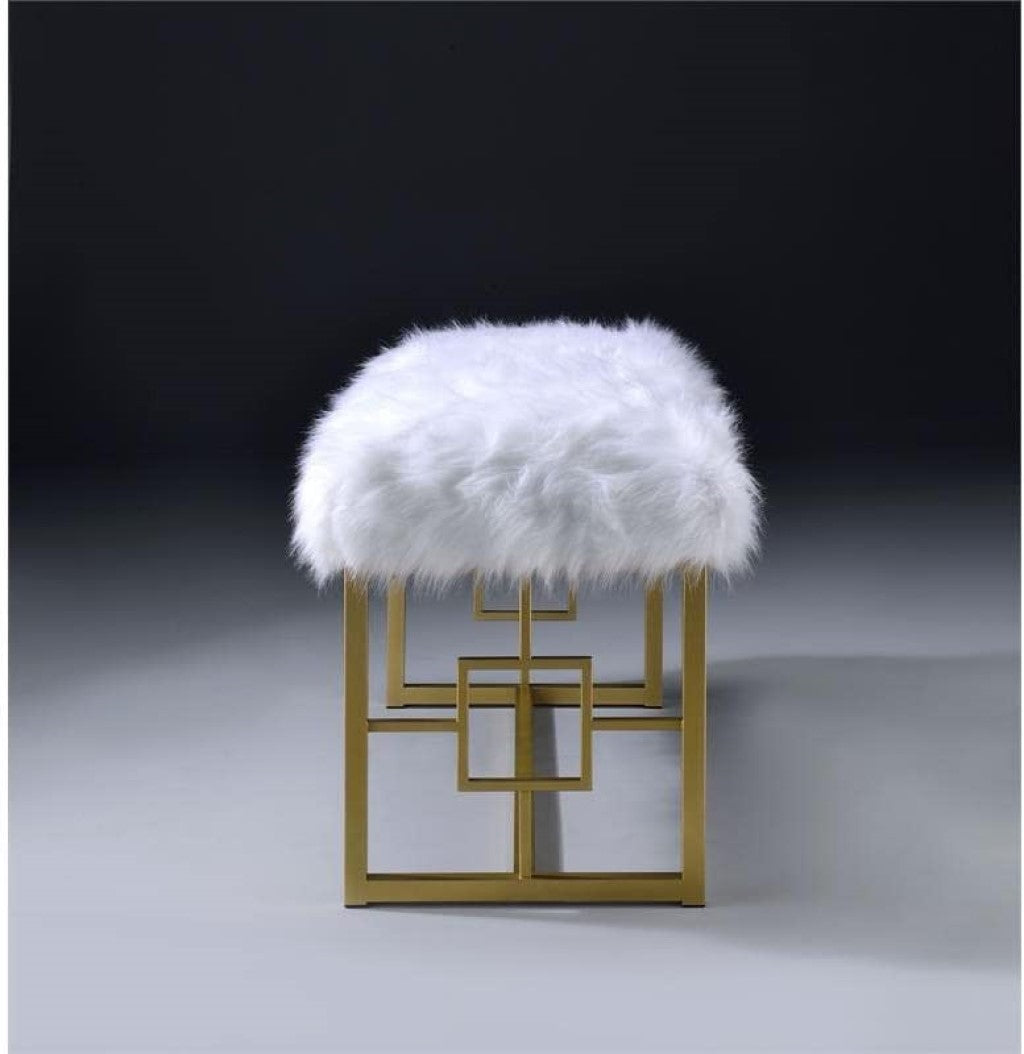 18" X 38" X 20" White Faux Fur Gold Metal Upholstered (Seat) Bench - Minihomy