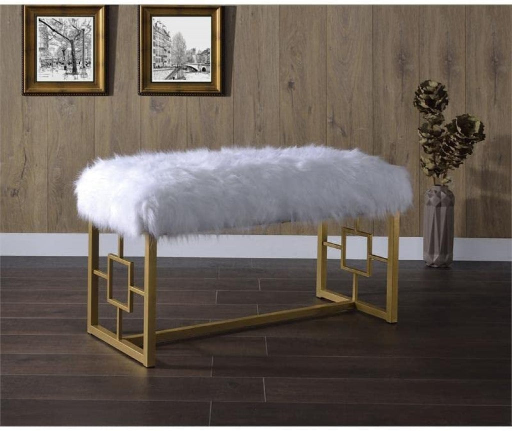 18" X 38" X 20" White Faux Fur Gold Metal Upholstered (Seat) Bench - Minihomy