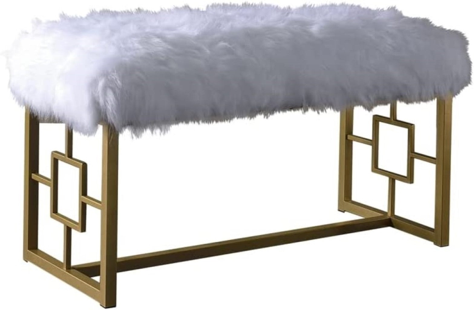 18" X 38" X 20" White Faux Fur Gold Metal Upholstered (Seat) Bench - Minihomy