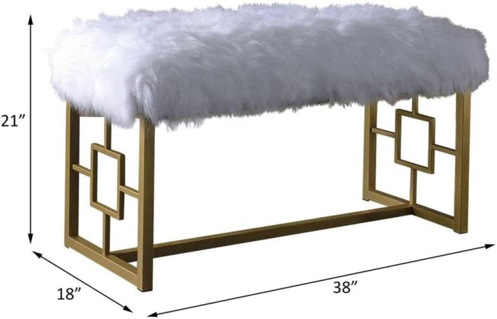 18" X 38" X 20" White Faux Fur Gold Metal Upholstered (Seat) Bench - Minihomy