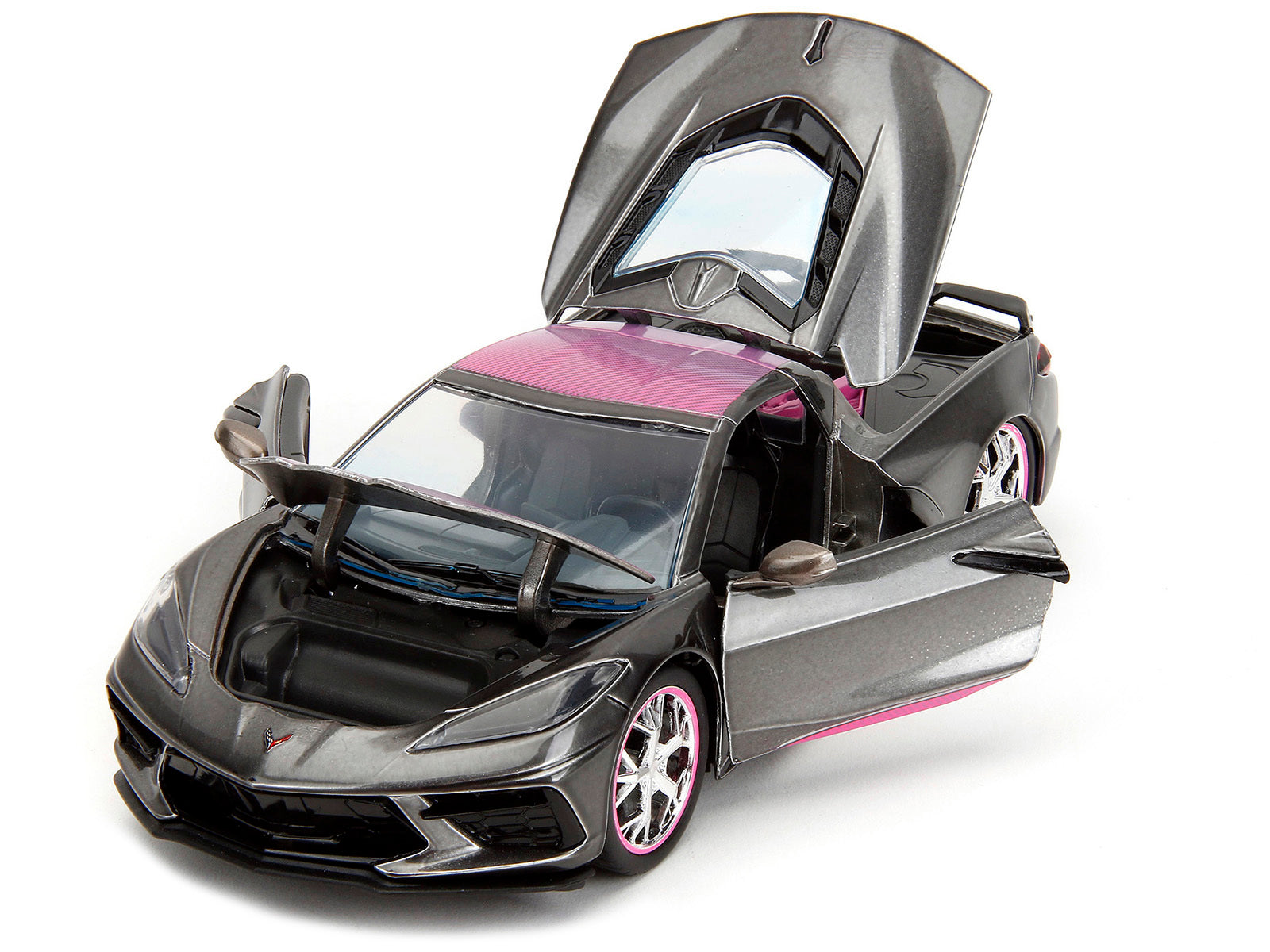 2020 Chevrolet Corvette Stingray Gray Metallic with Pink Carbon Hood and Top "Pink Slips" Series 1/24 Diecast Model Car by Jada - Minihomy