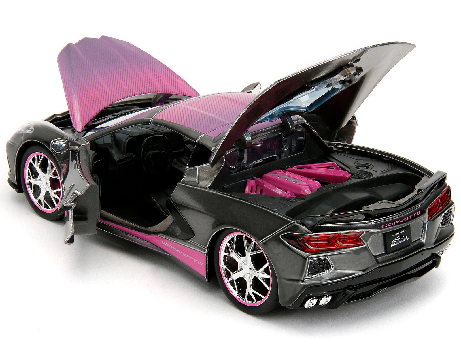 2020 Chevrolet Corvette Stingray Gray Metallic with Pink Carbon Hood and Top "Pink Slips" Series 1/24 Diecast Model Car by Jada - Minihomy