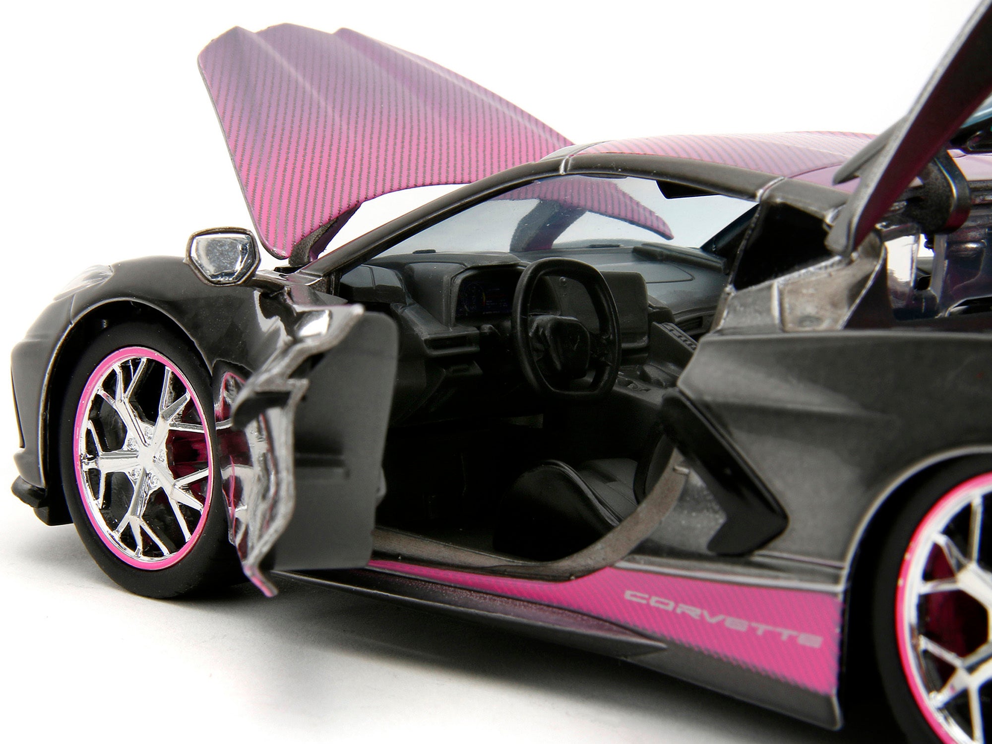 2020 Chevrolet Corvette Stingray Gray Metallic with Pink Carbon Hood and Top "Pink Slips" Series 1/24 Diecast Model Car by Jada - Minihomy