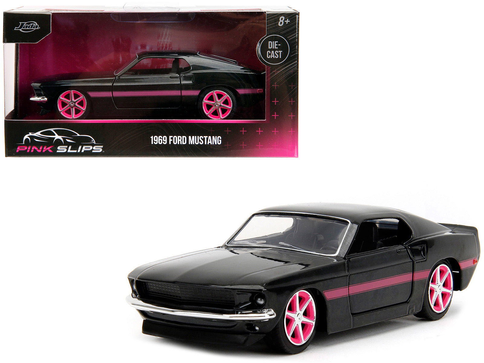 1969 Ford Mustang Black Metallic with Pink Stripes and Wheels "Pink Slips" Series 1/32 Diecast Model Car by Jada - Minihomy