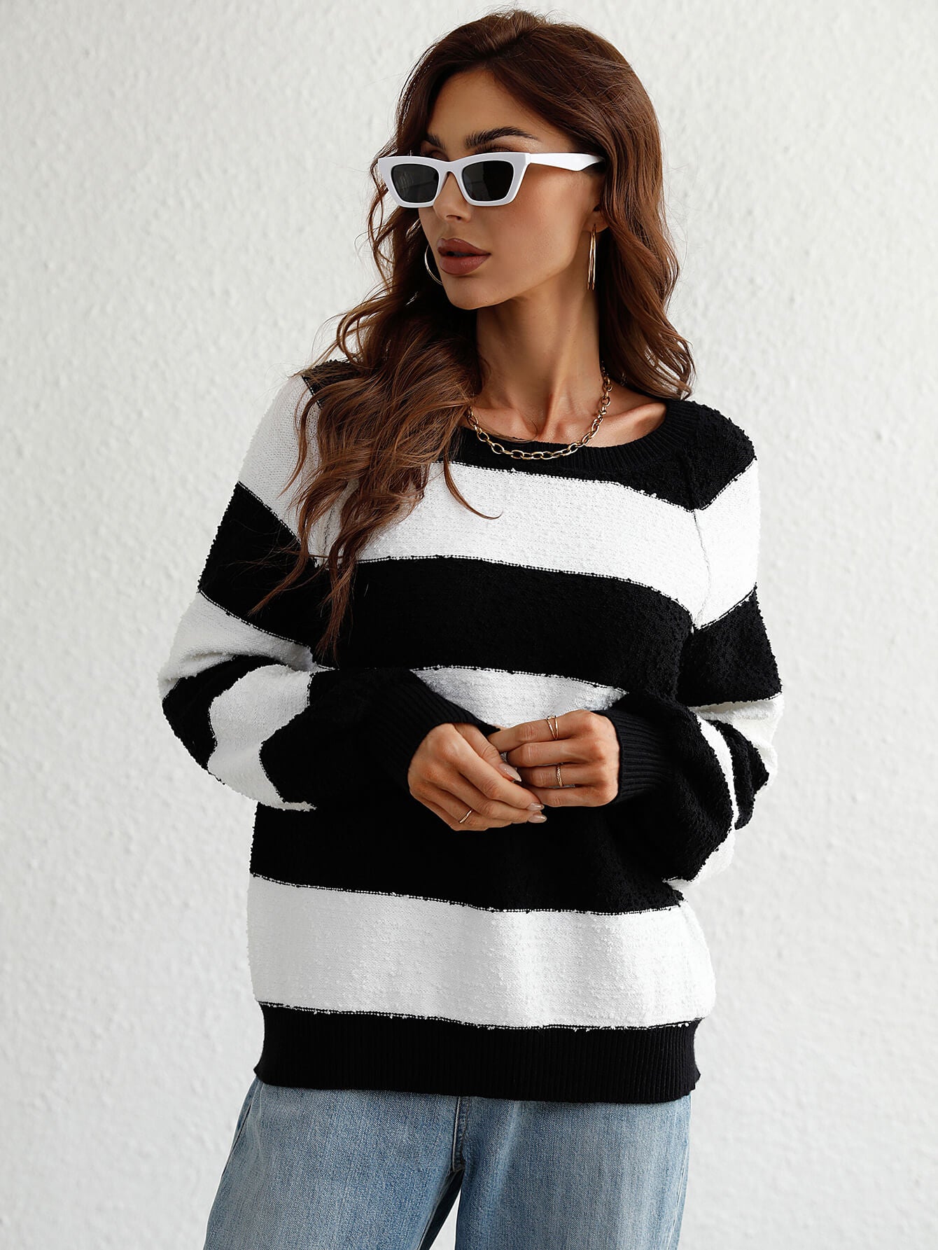 Striped Raglan Sleeve Ribbed Trim Knit Top - Minihomy