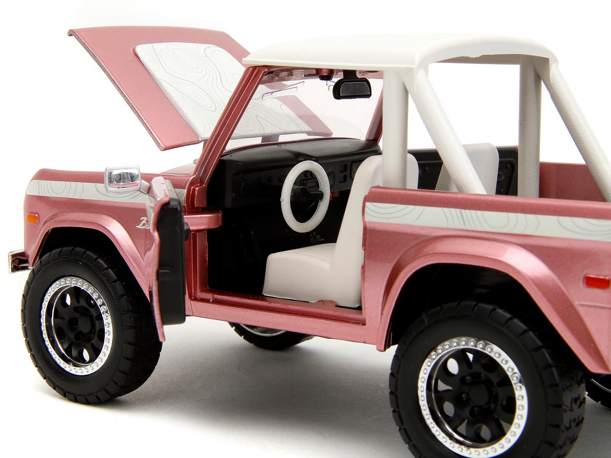 1973 Ford Bronco Pink Metallic with White Top and Graphics "Pink Slips" Series 1/24 Diecast Model Car by Jada - Minihomy