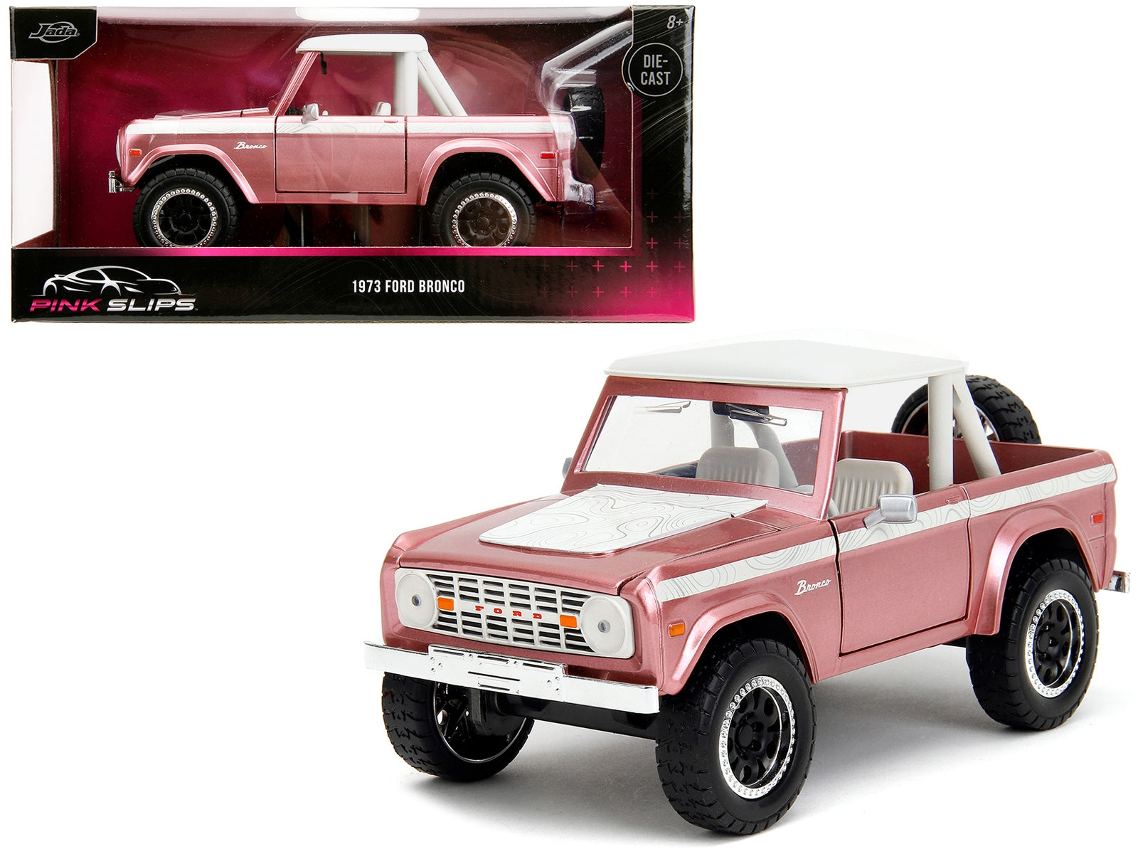 1973 Ford Bronco Pink Metallic with White Top and Graphics "Pink Slips" Series 1/24 Diecast Model Car by Jada - Minihomy