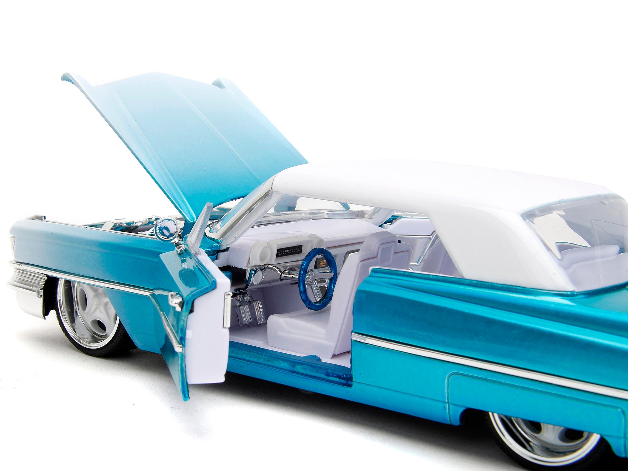 1963 Cadillac Coupe DeVille Blue Metallic and White Gradient with White Top and Interior "Pink Slips" Series 1/24 Diecast Model Car by Jada - Minihomy