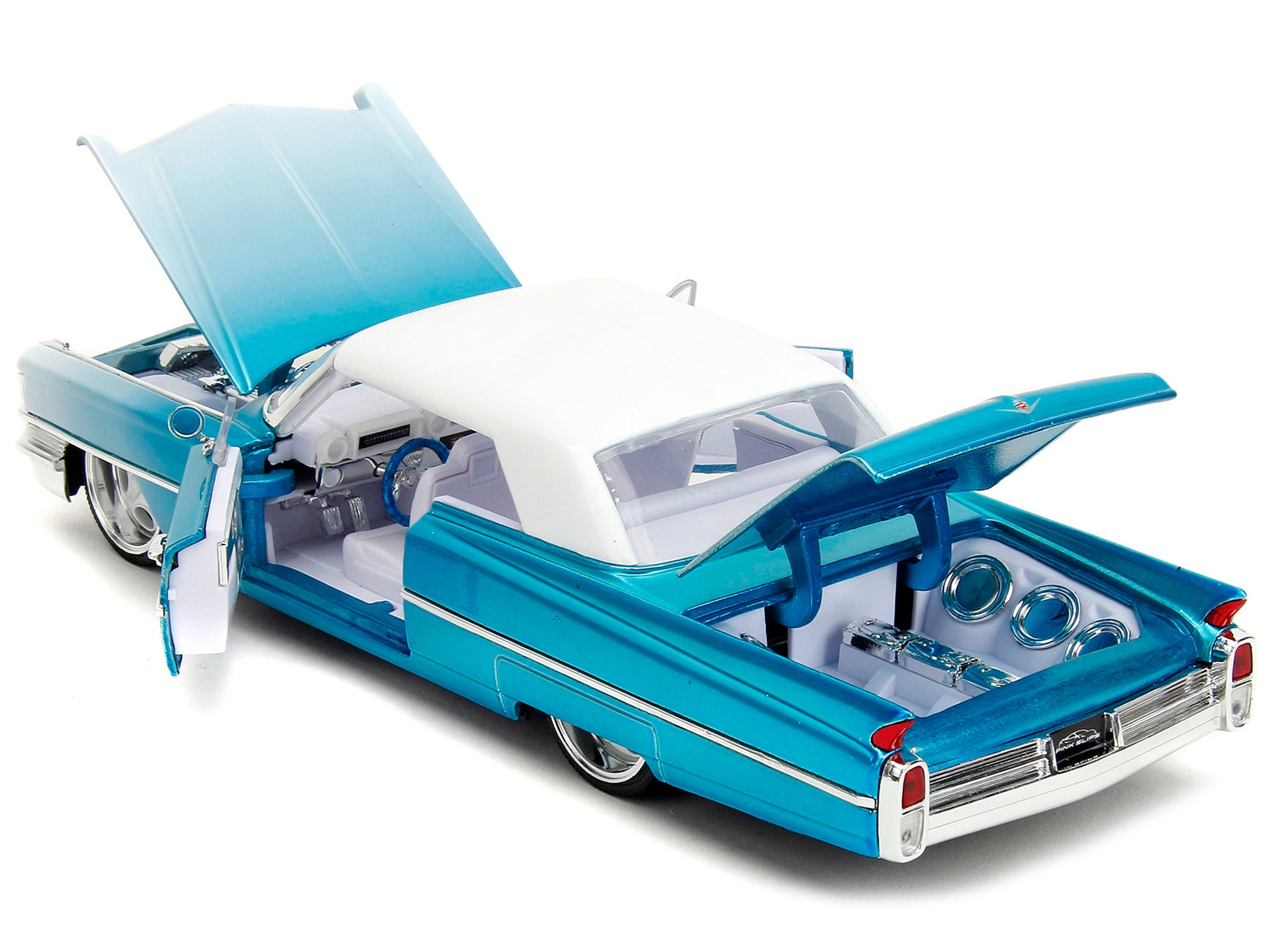 1963 Cadillac Coupe DeVille Blue Metallic and White Gradient with White Top and Interior "Pink Slips" Series 1/24 Diecast Model Car by Jada - Minihomy