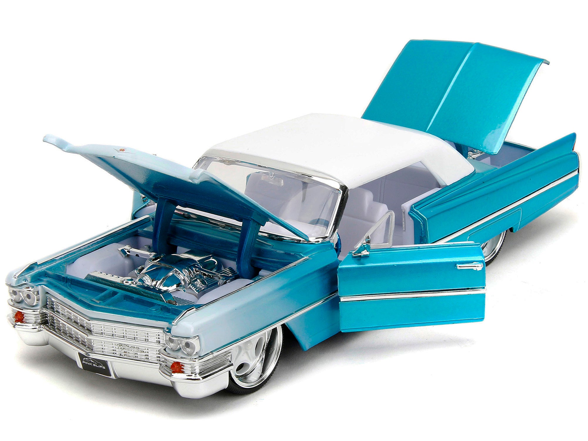 1963 Cadillac Coupe DeVille Blue Metallic and White Gradient with White Top and Interior "Pink Slips" Series 1/24 Diecast Model Car by Jada - Minihomy