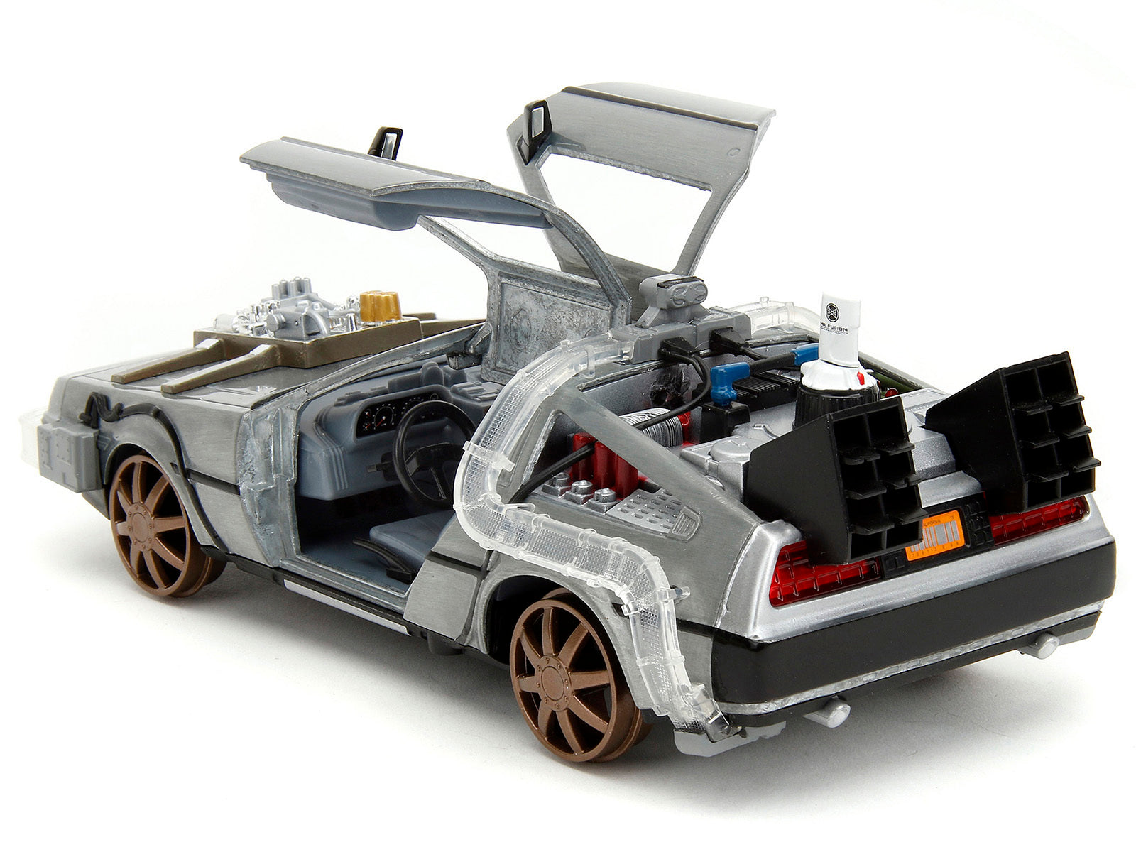 DeLorean Brushed Metal Time Machine (Train Wheel Version) with Lights 1990 - Minihomy