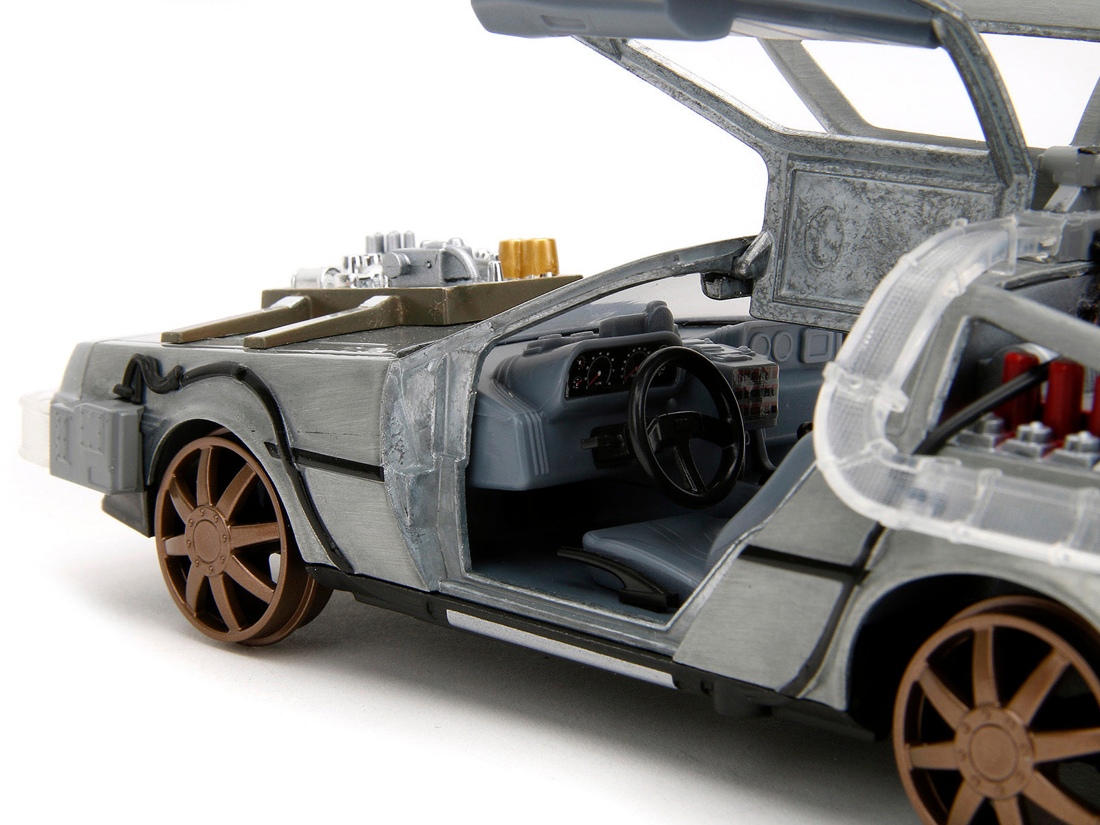 DeLorean Brushed Metal Time Machine (Train Wheel Version) with Lights 1990 - Minihomy