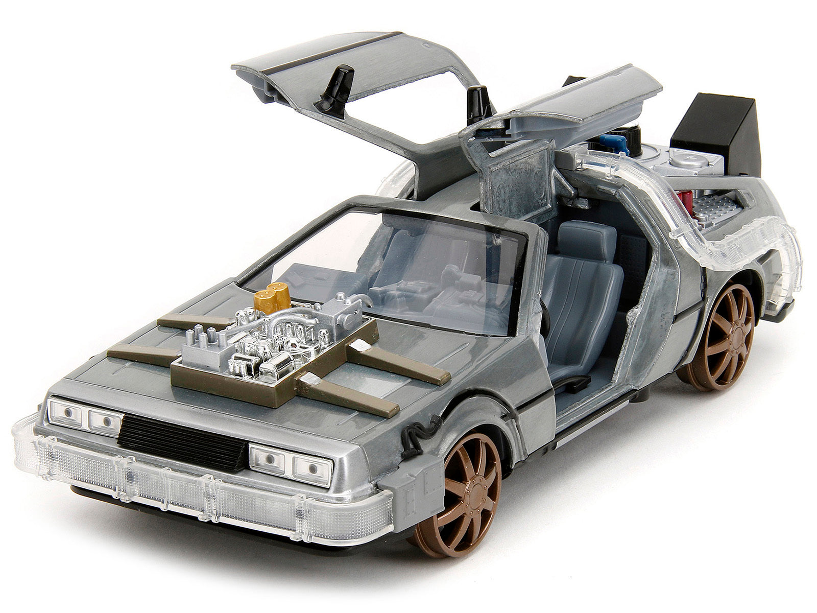 DeLorean Brushed Metal Time Machine (Train Wheel Version) with Lights 1990 - Minihomy