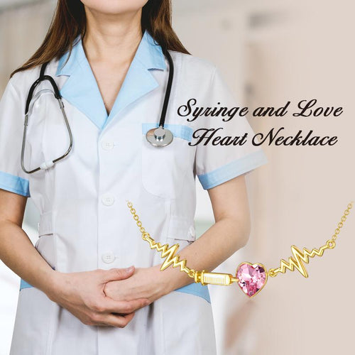 Silver 14K Gold Plated Syringe Pandent with Pink Heart Crytstal Doctor Nurse Gifts for Women Medical Student
