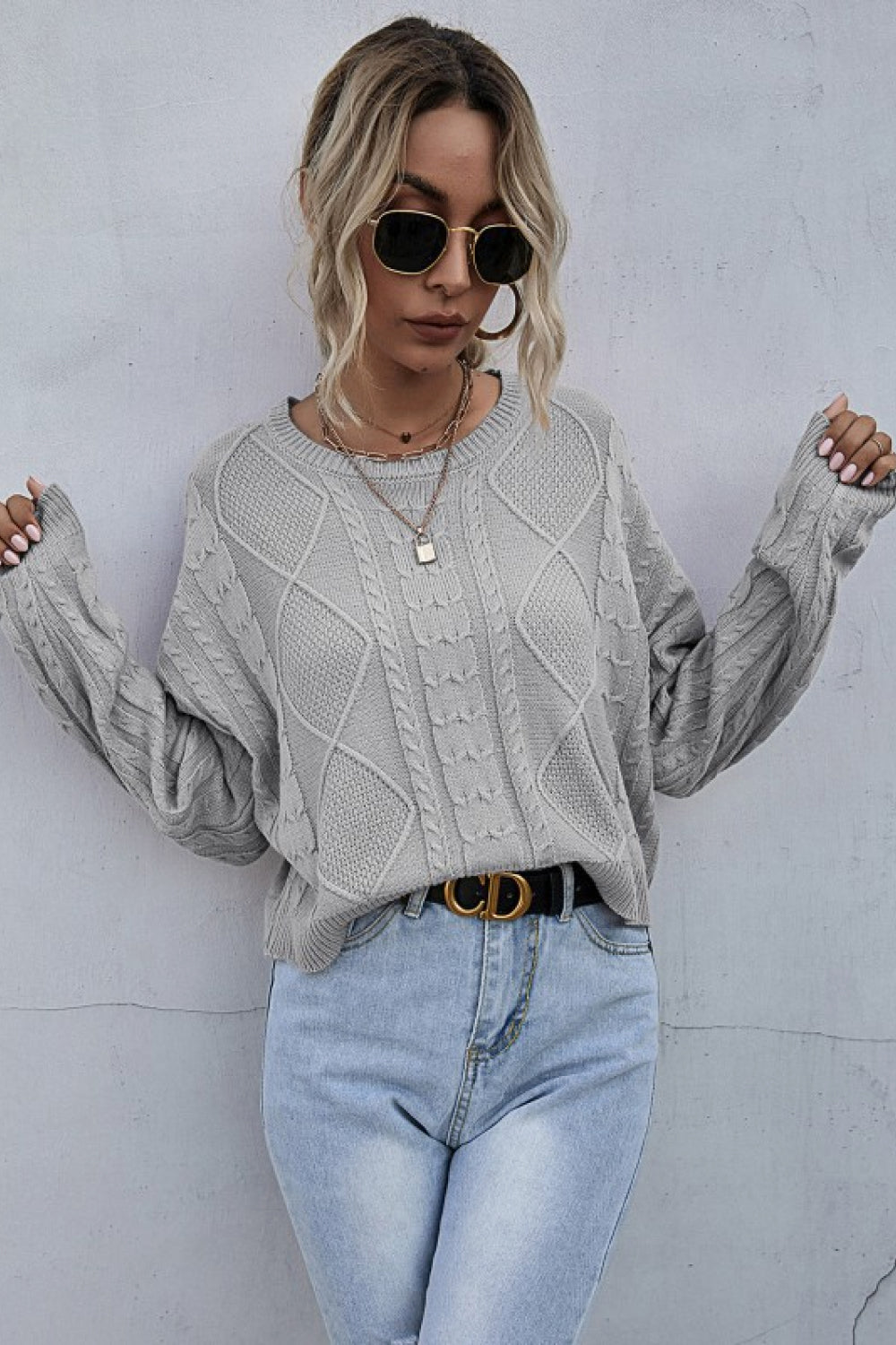 Cable-Knit Dropped Shoulder Cropped Sweater - Minihomy