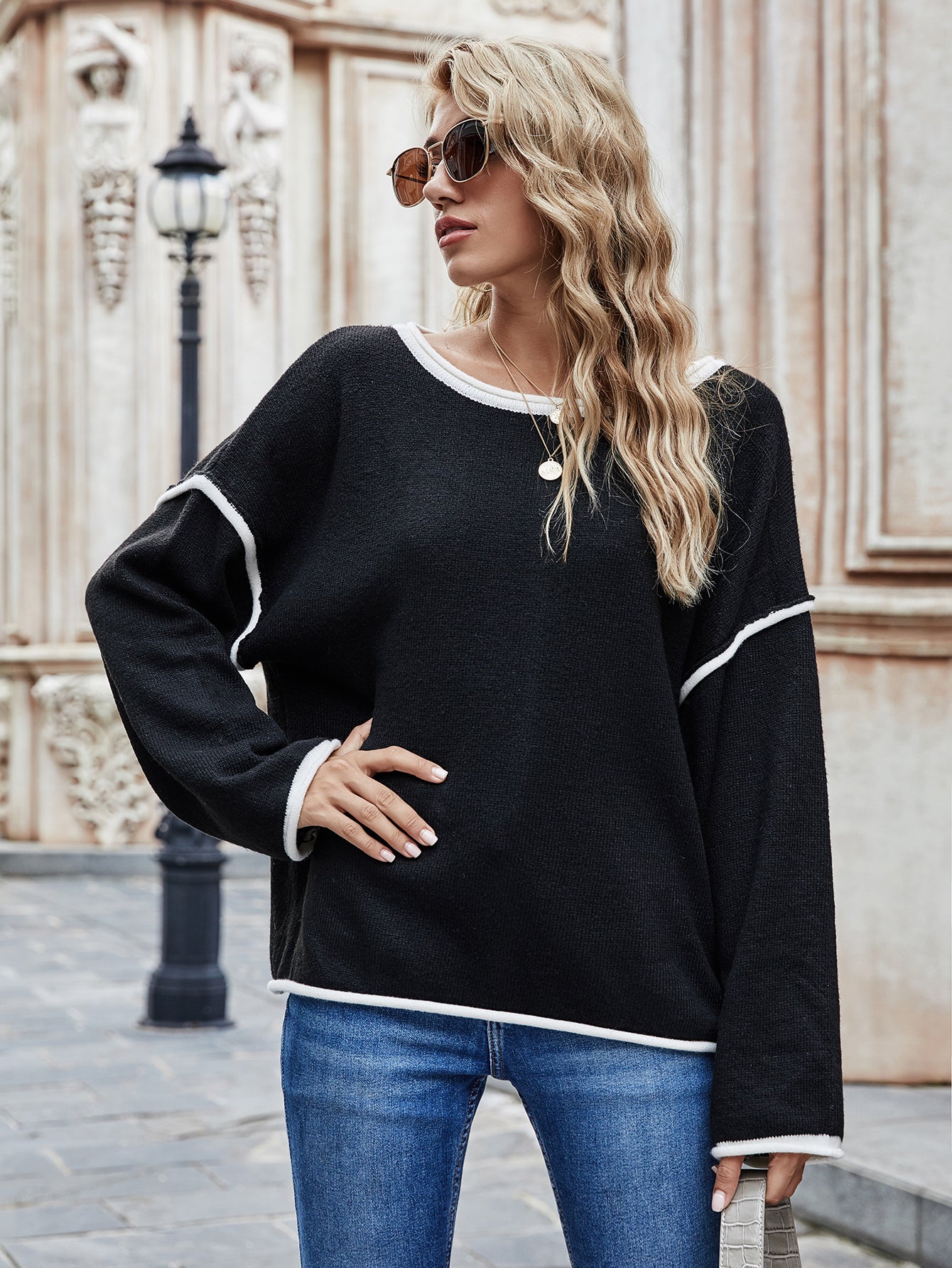 Dropped Shoulder Boat Neck Long Sleeve Sweater