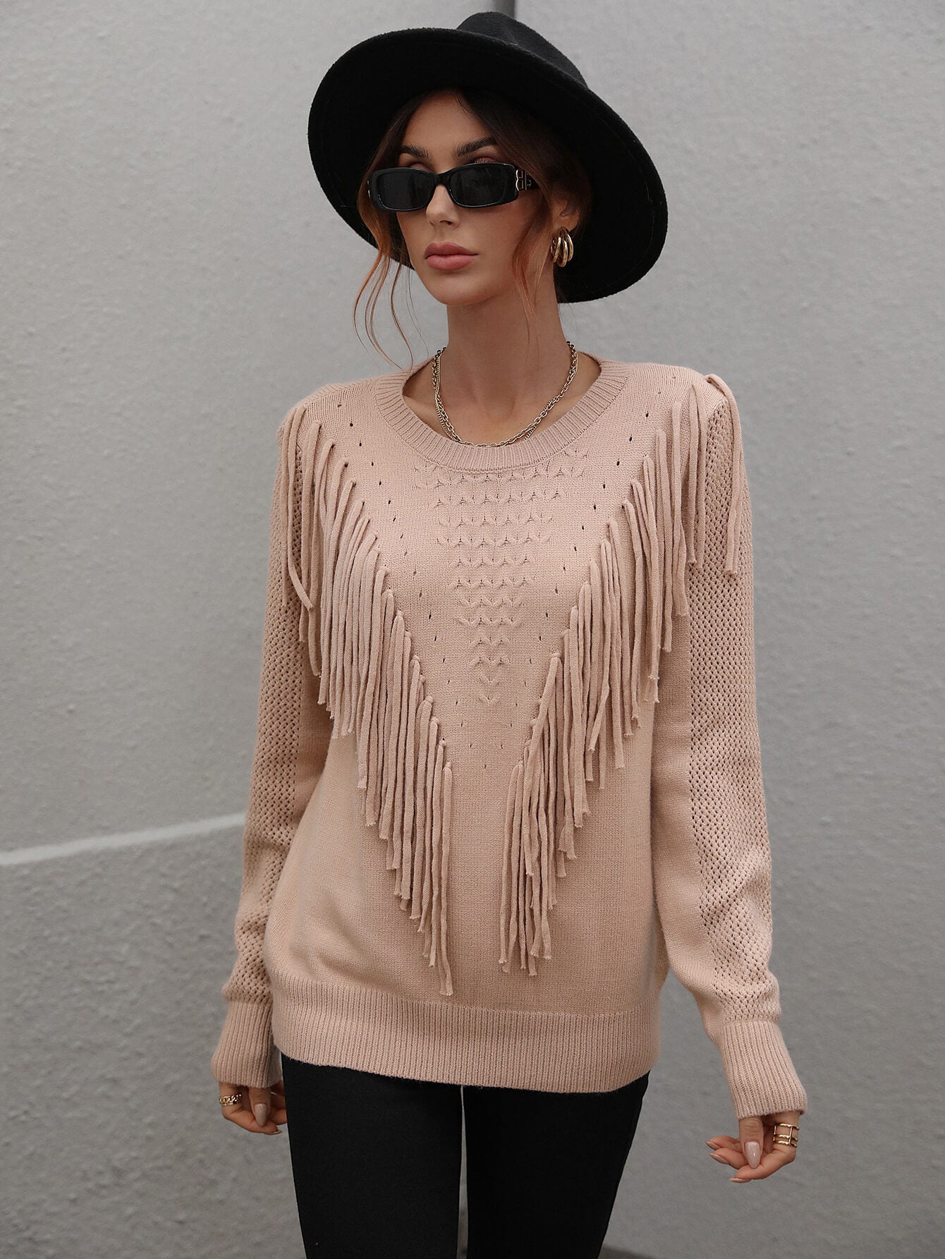 Fringe Detail Ribbed Trim Sweater - Minihomy