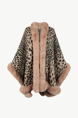 Animal Print Faux Fur Trim Poncho Jacket