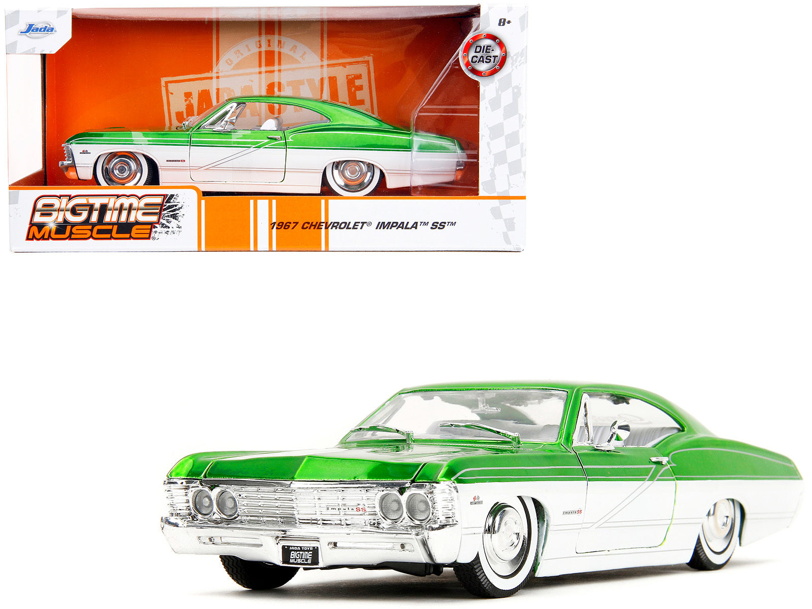 1967 Chevrolet Impala SS Green Metallic and White with White Interior "Bigtime Muscle" Series 1/24 Diecast Model Car by Jada - Minihomy