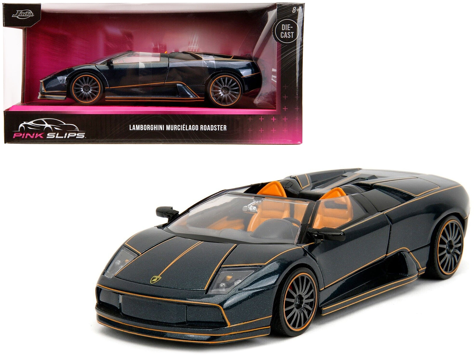 Lamborghini Murcielago Roadster Black Metallic with Orange Interior "Pink Slips" Series 1/24 Diecast Model Car by Jada - Minihomy