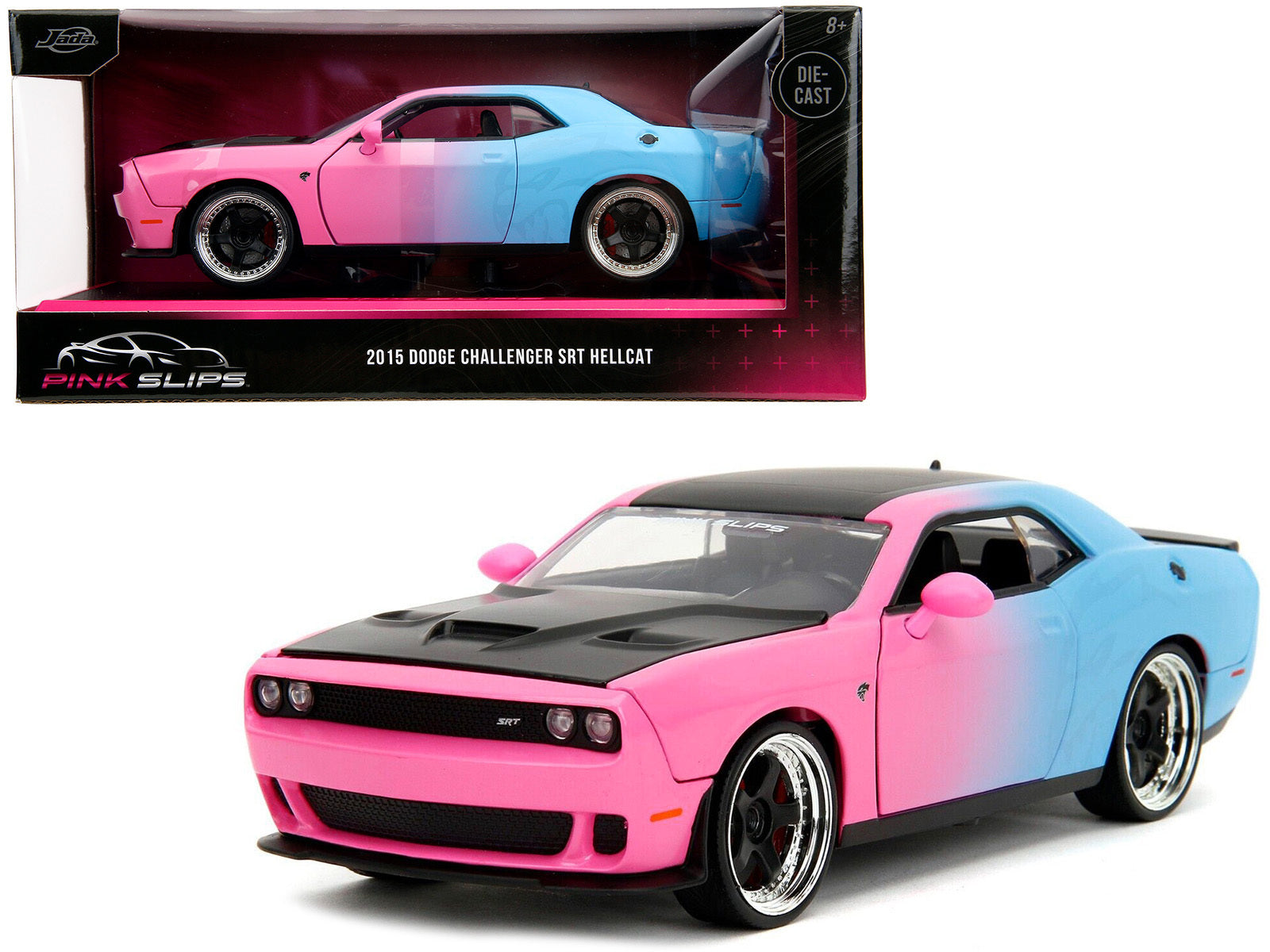 2015 Dodge Challenger SRT Hellcat Pink and Blue Gradient with Matt Black Hood and Top "Pink Slips" Series 1/24 Diecast Model Car by Jada - Minihomy