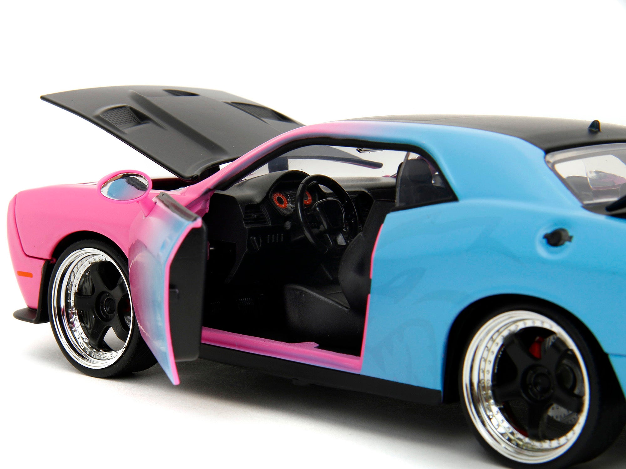 2015 Dodge Challenger SRT Hellcat Pink and Blue Gradient with Matt Black Hood and Top "Pink Slips" Series 1/24 Diecast Model Car by Jada - Minihomy