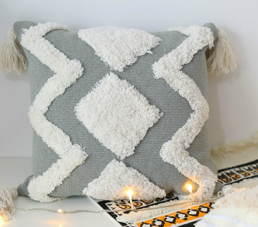 Beige Grey Cotton Cushion Cover with Tassels Strip Embroidery Home Decoration Pillow Cover - Minihomy