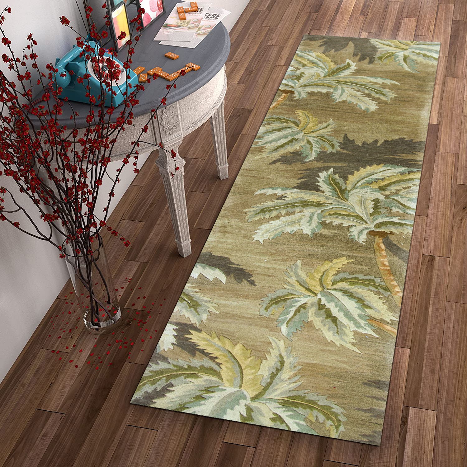 10' Moss Green Hand Tufted Tropical Trees Indoor Runner Rug - Minihomy