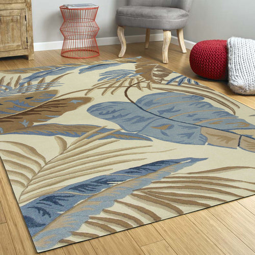 5'X8' Ivory Blue Hand Tufted Tropical Leaves Indoor Area Rug