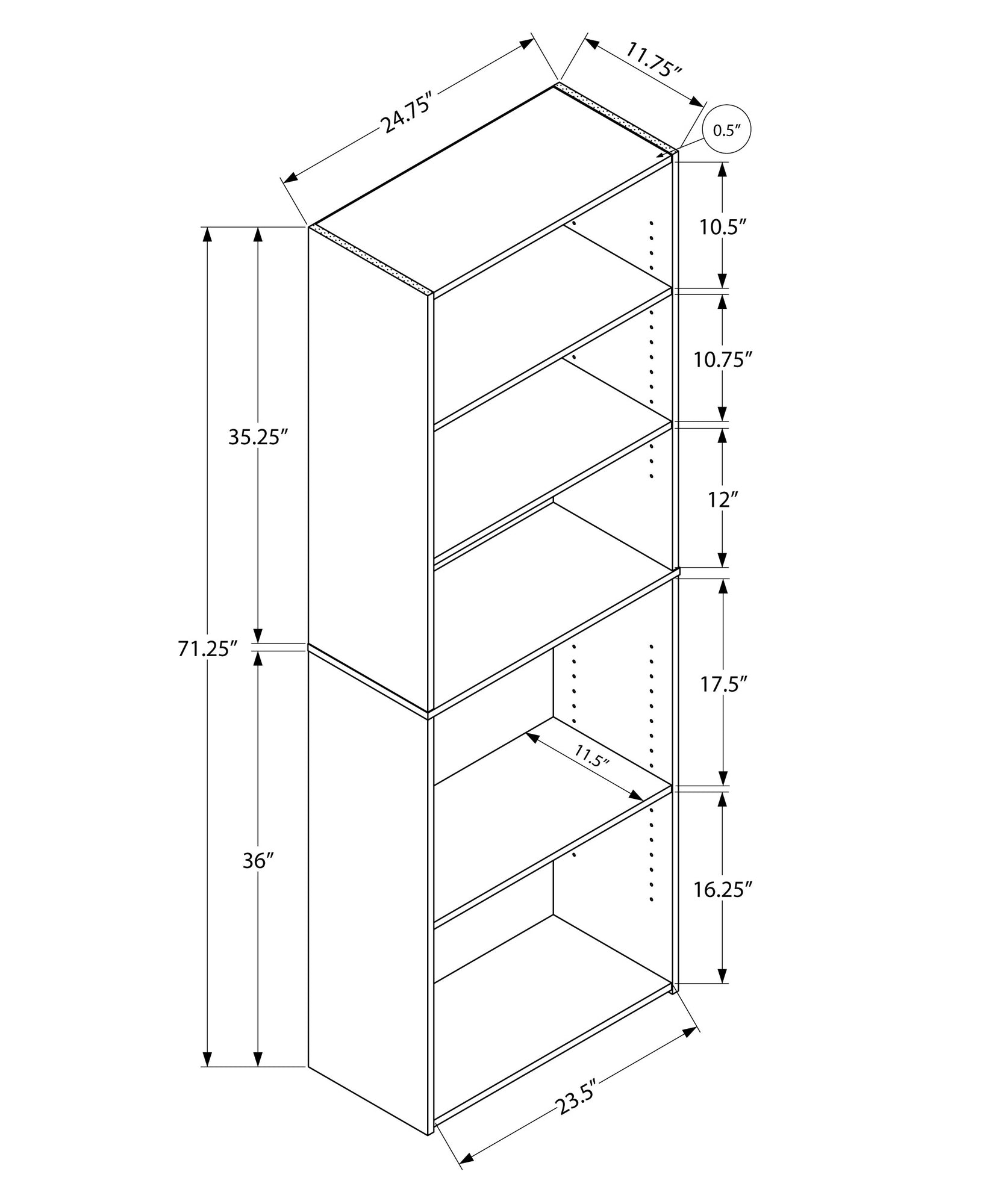 11.75" X 24.75" X 71.25" Cappuccino 5 Shelves  Bookcase - Minihomy