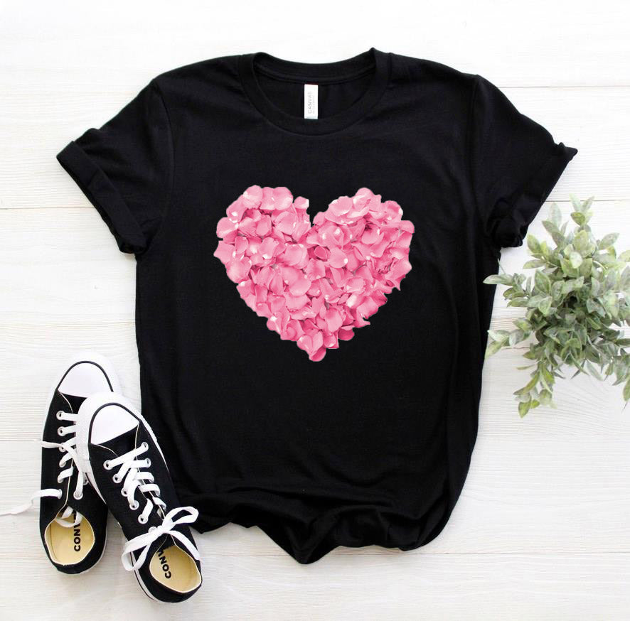 Pink heart-shaped flower print women's t-shirt - Minihomy