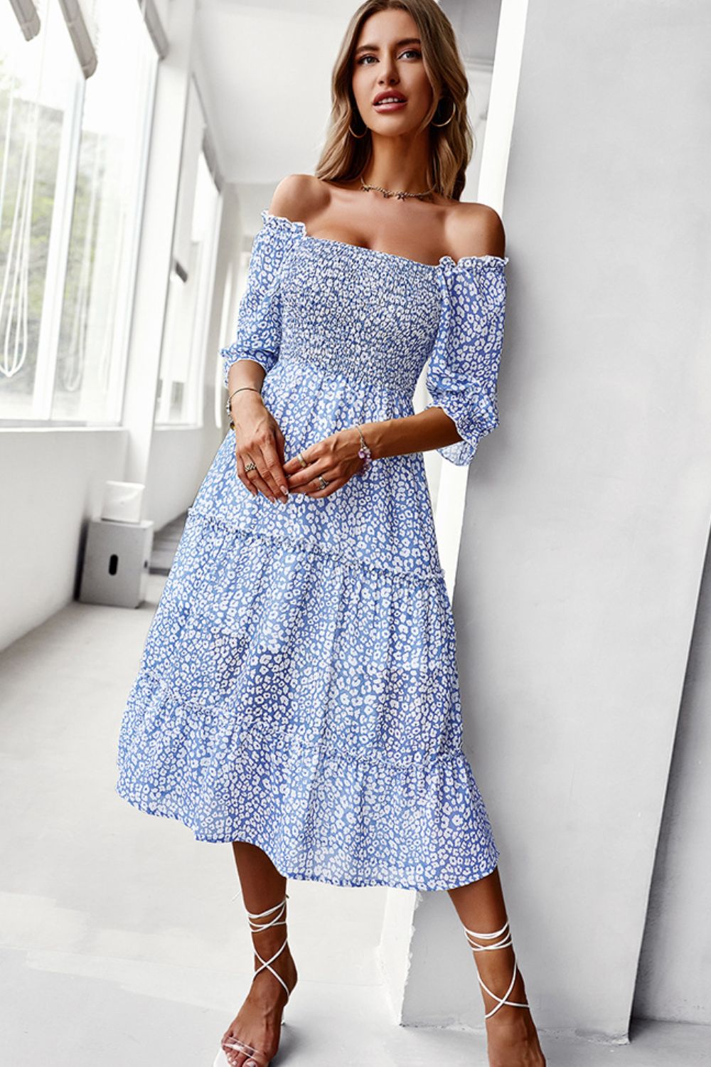 Ditsy Floral Off-Shoulder Smocked Midi Dress - Minihomy