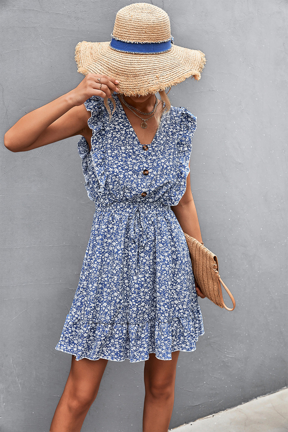 Ditsy Floral Ruffled V-Neck Dress - Minihomy