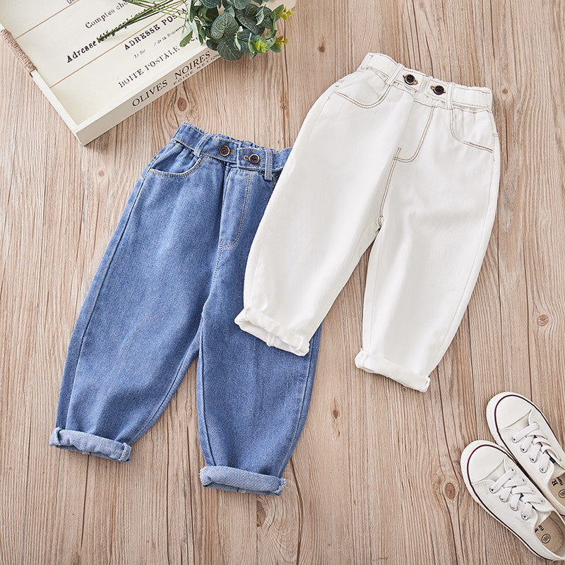 Solid Color High Waist Denim Pants for Kids