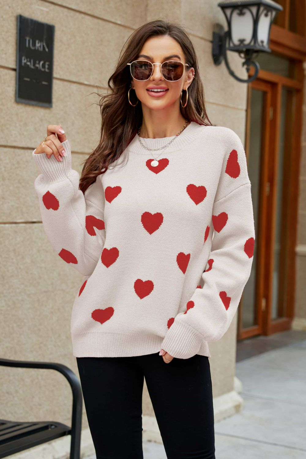 Heart Pattern Lantern Sleeve Sweater